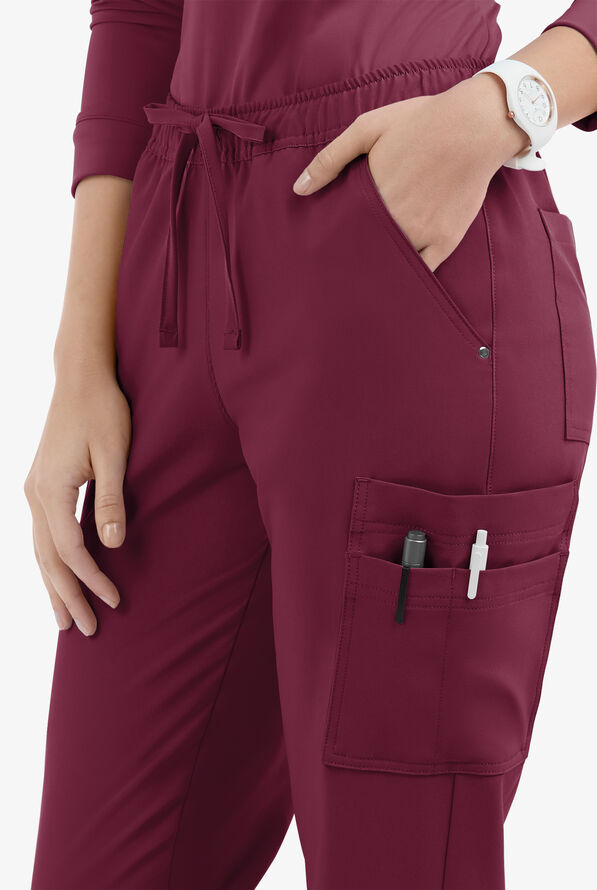 Easy STRETCH Halle Women's 11-Pocket Ruched Leg Jogger Scrub Pants - Wine - 3