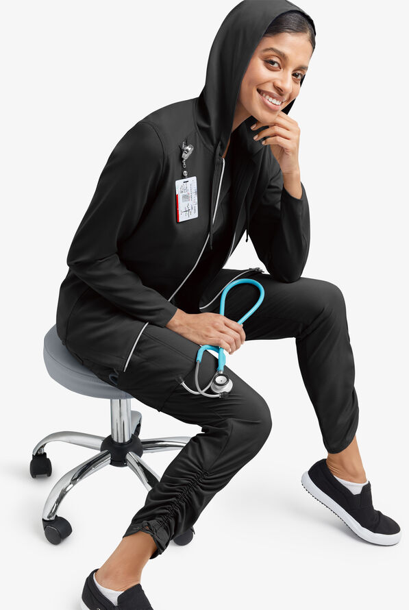 Easy STRETCH Selena Women's 5-Pocket Long Sleeve Zip-Front Scrub Hoodie - Onyx Black - 8