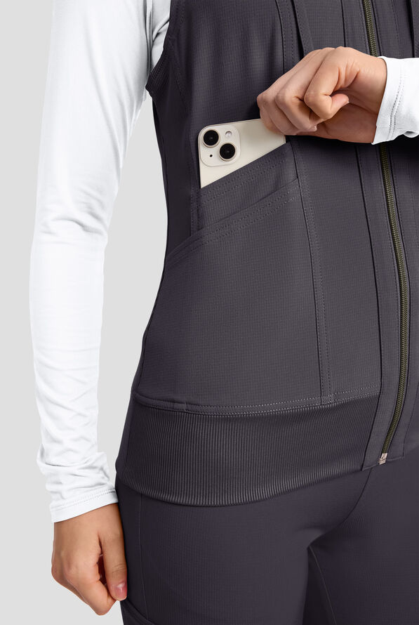 Med Couture Amp Women's 4-Pocket STRETCH Zip Front Removable Hoodie Scrub Vest - Pewter - 4