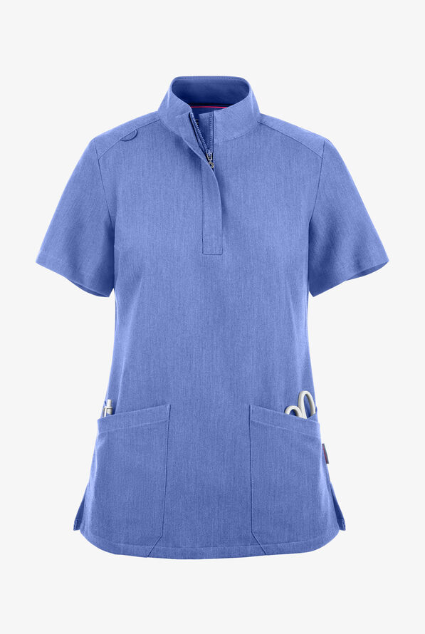 Movement by Butter-Soft Lyrae Women’s 6-Pocket Zip Closure Neck Scrub Top - Electric Blue Heather - 1