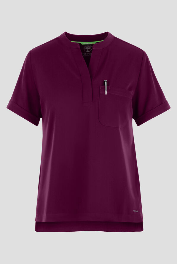 HH Works by Healing Hands Macy Women's 1-Pocket STRETCH Mandarin Collar Tuck In Scrub Top - Wine - 1