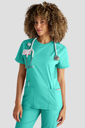 Blusa m&eacute;dica Butter-Soft STRETCH FLXTEK+ con cuello redondo y 3 bolsillos para mujer