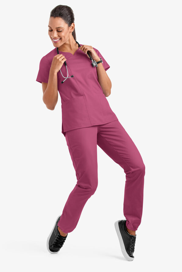 Butter-Soft STRETCH Women's 4-Pocket Sweetheart Neck Scrub Top - Berry Haze - 3