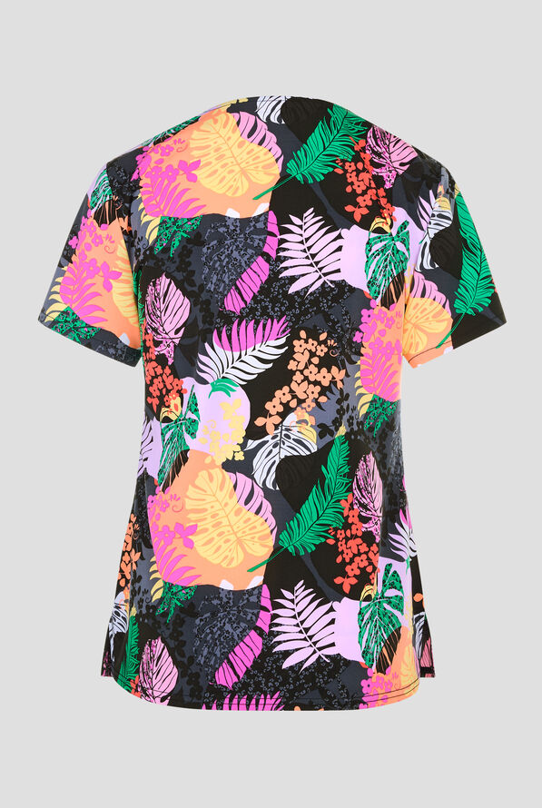 Med Couture Jungle Vibes Women's 1-Pocket STRETCH Tuck In V-Neck Print Scrub Top - null - 2