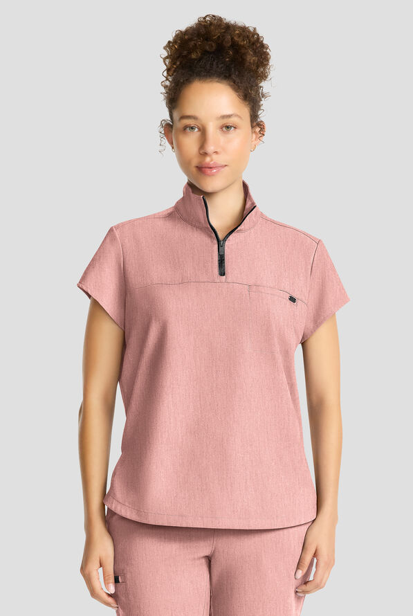 Healing Hands Quest Women's 1-Pocket STRETCH Tuck In Half Zip Collar Scrub Top - Pink Pearl - 2
