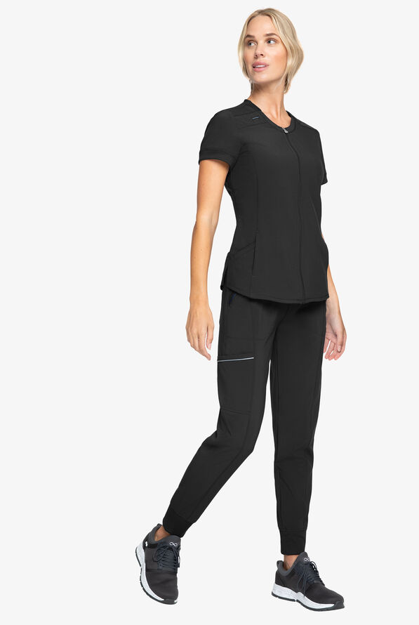 Infinity Women's 4-Pocket STRETCH Round Neck Zip Front Scrub Top - Black - 6