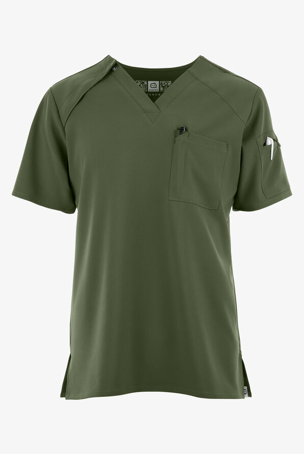 Wink Renew Men's 2-Pocket STRETCH EZ Zip V-Neck Scrub Top - Olive - 1