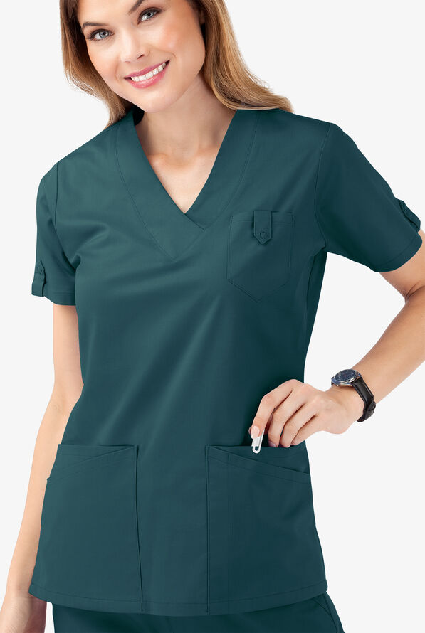 Butter-Soft STRETCH Women's 6-Pocket V-Neck Scrub Top - Caribbean Blue - 5