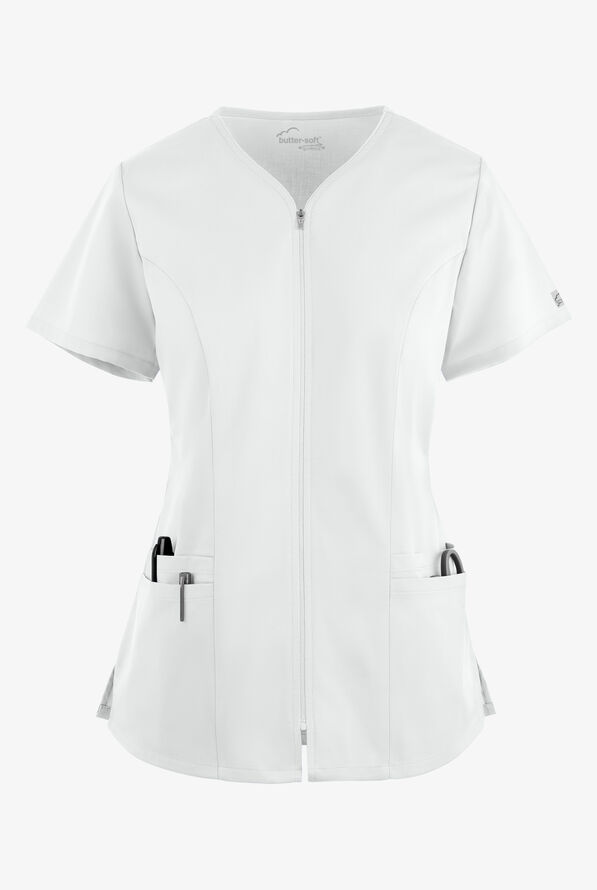 Blusa médica UA Butter-Soft STRETCH con cremallera y 4 bolsillos para mujer - White - 1