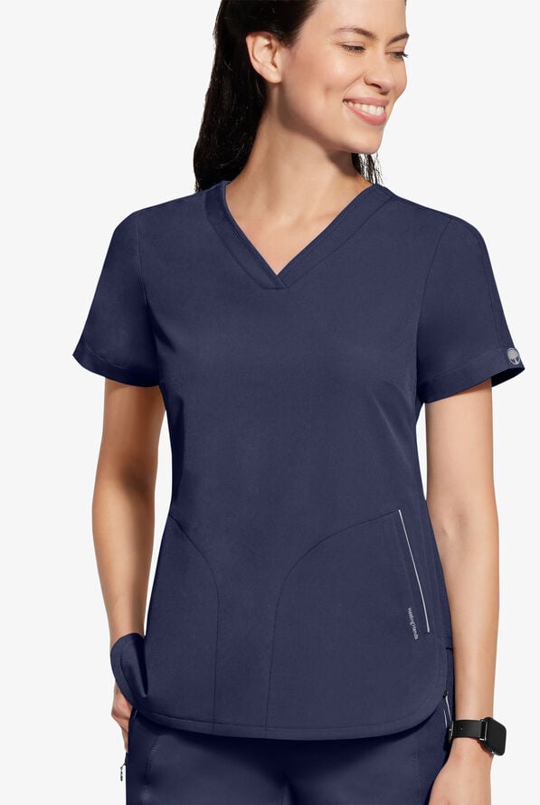 Healing Hands 360 Skyler Women's 2-Pocket STRETCH Race Stripe V-Neck Scrub Top - Navy - 2