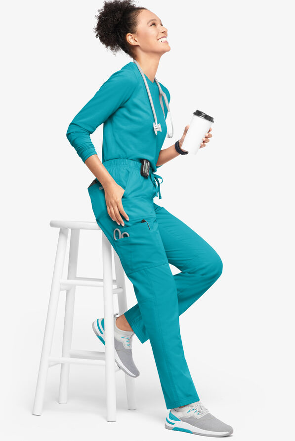 Butter-Soft Originals Women's 7-Pocket Mid Rise Straight Leg Cargo Scrub Pants - Petite - Teal - 4