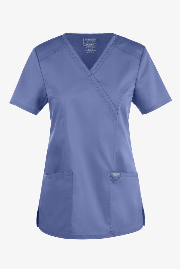 Cherokee Workwear Revolution Women's 2-Pocket STRETCH Mock Wrap Scrub Top - Ceil Blue - 1