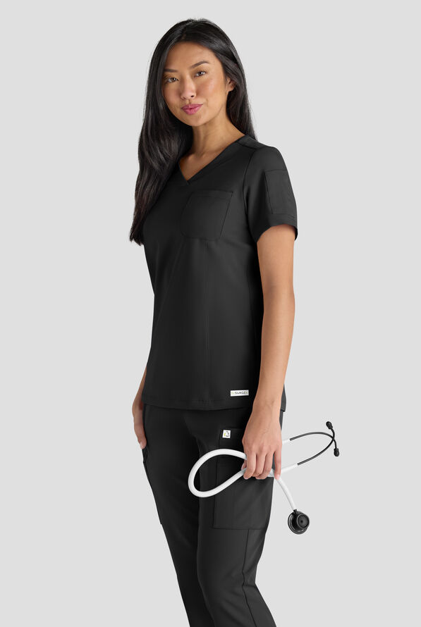 ReSurge Diamond Women's 3-Pocket V-Neck Tuck In / Wear Out Scrub Top - Black - 6