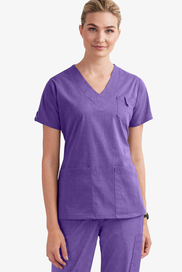 Butter-Soft STRETCH Women's 6-Pocket V-Neck Scrub Top - Sparkling Grape Heather - 2