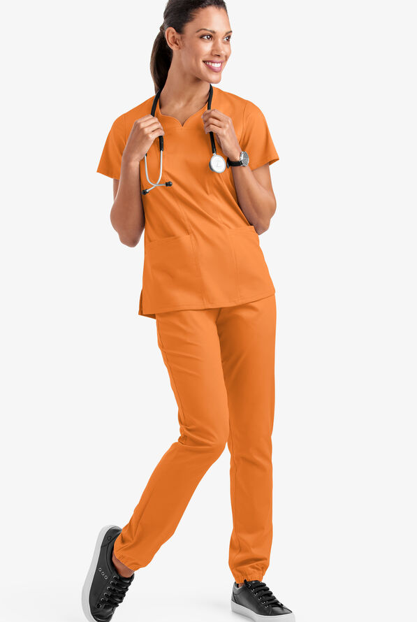 Butter-Soft STRETCH Women's 4-Pocket Sweetheart Neck Scrub Top - Apricot Crush - 2