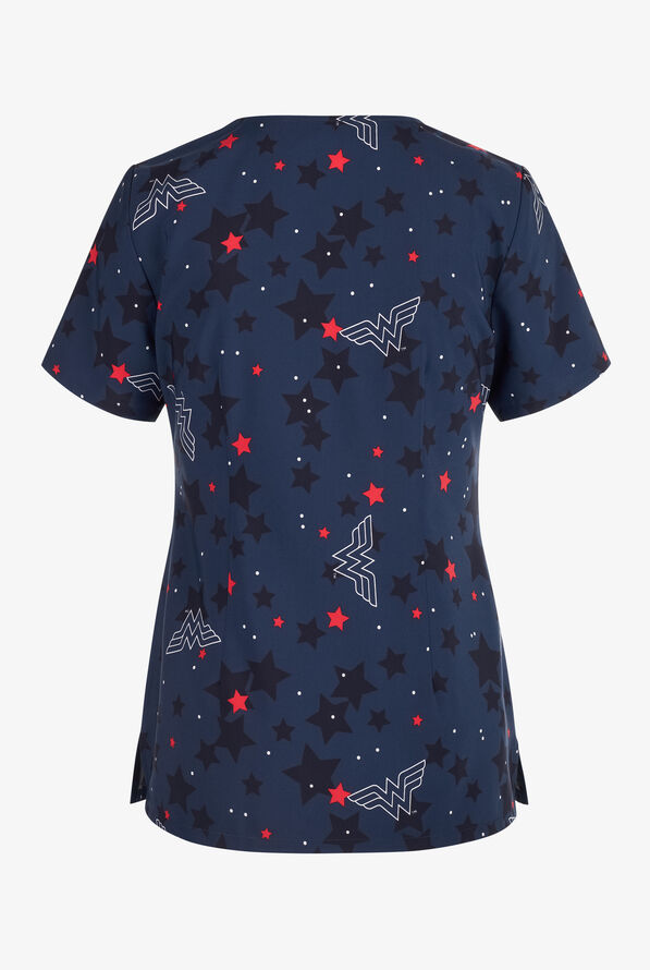 Tooniforms Wonder Woman Defender Of Truth Women's 2-Pocket STRETCH V-Neck Print Scrub Top - null - 2