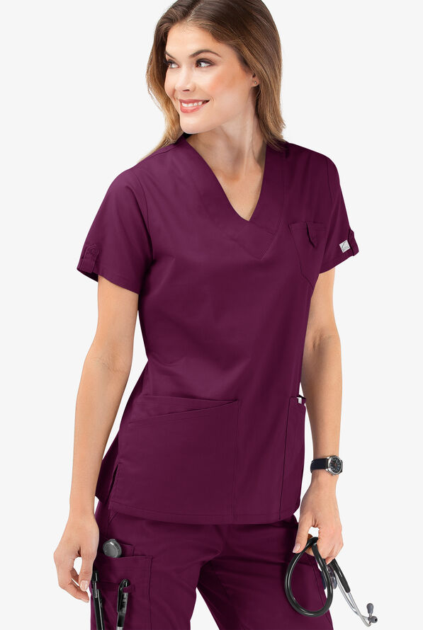 Butter-Soft STRETCH Women's 6-Pocket V-Neck Scrub Top - Wine - 6