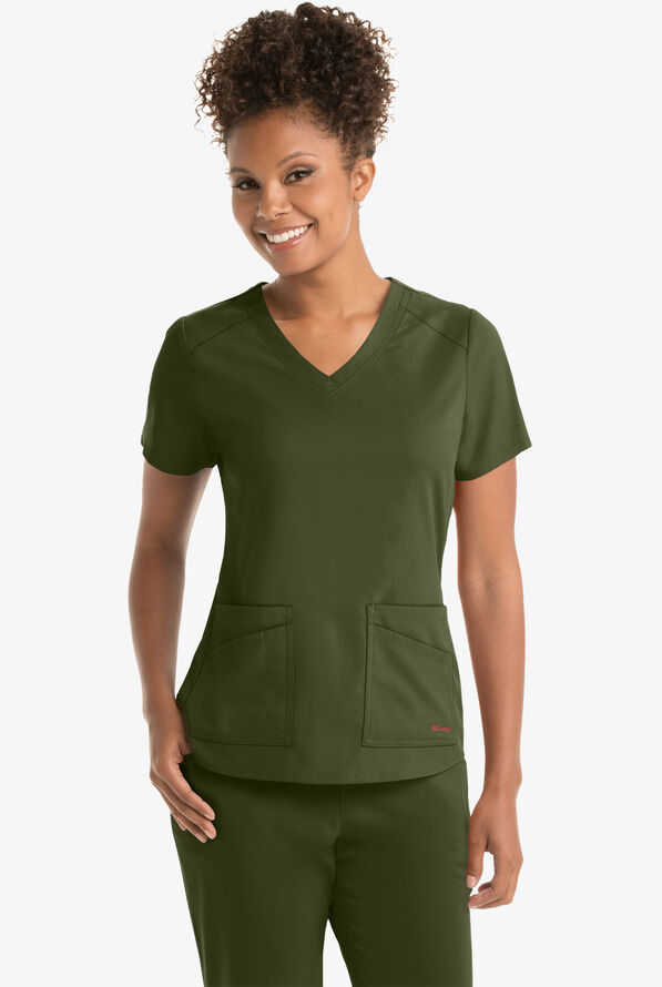 Grey's Anatomy by Barco Spandex STRETCH Emma Women's 4-Pocket V-Neck Scrub Top - Olive - 2