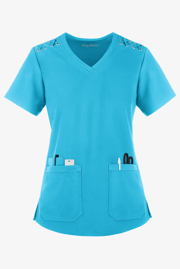 Blusa m&eacute;dica Easy STRETCH Leila con ojales con lazos y 3 bolsillos para mujer - Turquoise - 1