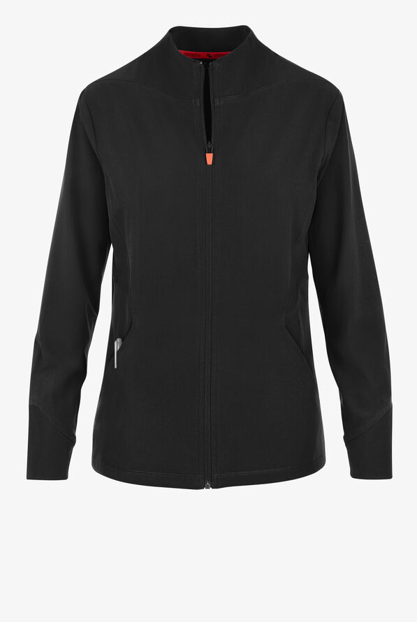 Infinity GNR8 Women's 4-Pocket STRETCH Rib-Knit Zip Front Round Neck Scrub Jacket - Black - 1