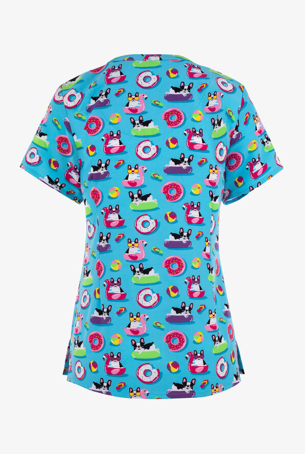 Maevn Frenchie Riviera Summer Dogs Women's 3-Pocket STRETCH V-Neck Print Scrub Top - null - 2