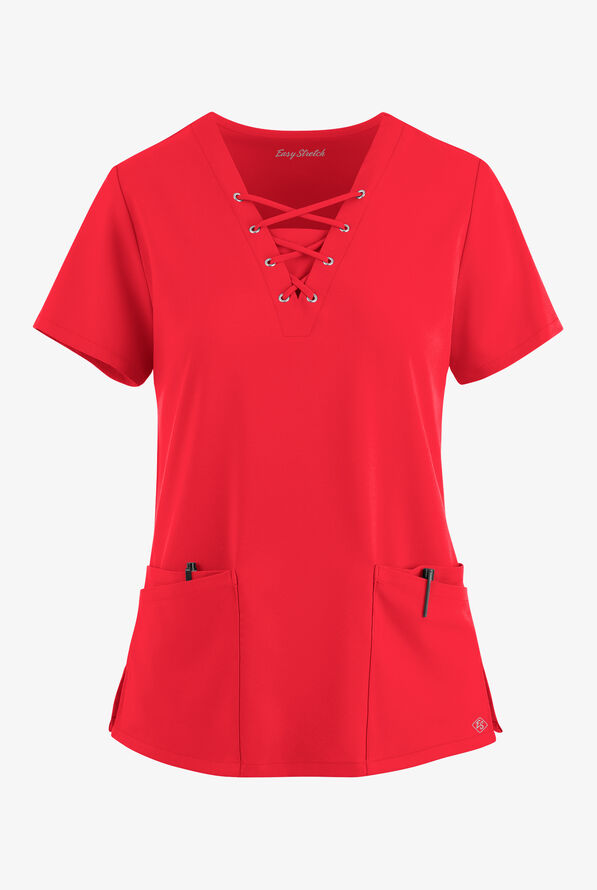 Blusa médica Easy STRETCH Gisele con cordones en el cuello en V y 5 bolsillos para mujer - Atomic Red - 1