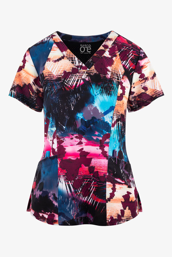Barco One Tropical Scents Women's 4-Pocket STRETCH V-Neck Print Scrub Top - null - 1
