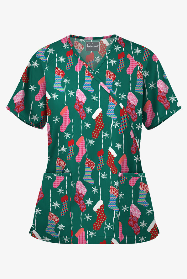 Butter-Soft Waiting For Santa Hunter Women's 2-Pocket Mock Wrap Print Scrub Top - null - 1