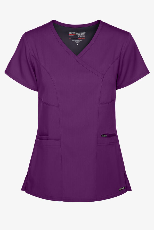 Grey's Anatomy by Barco Spandex STRETCH Kim Women's 3-Pocket Mock Wrap Scrub Top - Eggplant - 1