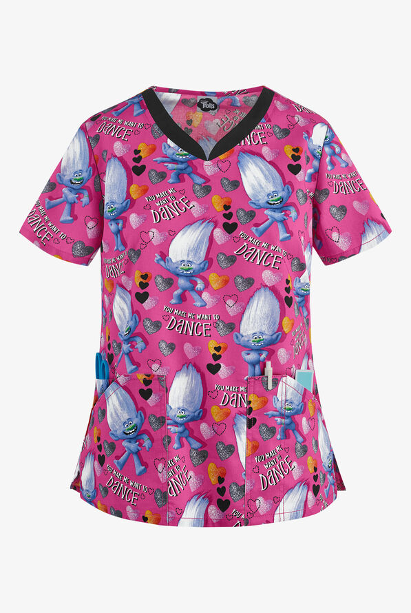 Blusa médica estampada Cherokee Tooniforms DreamWorks Trolls Diamond Dance con cuello en V y 3 bolsillos para mujer - null - 1