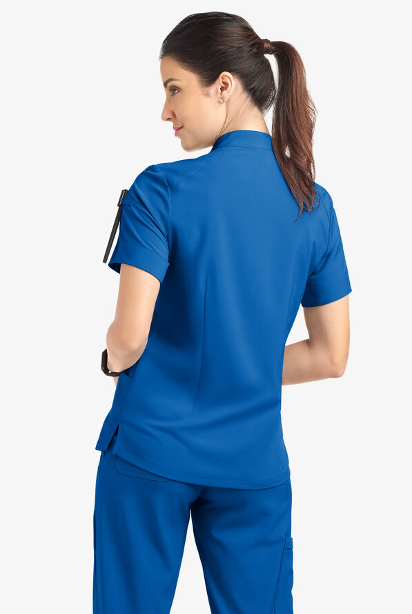 Easy STRETCH Jen Women's 4-Pocket Zip-Neck Short Sleeve Scrub Top - Royal - 4
