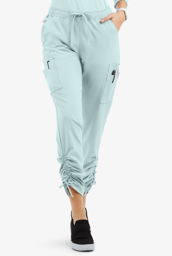Easy STRETCH Halle Women's 11-Pocket Ruched Leg Jogger Scrub Pants - Petite - Ocean Mist - 1