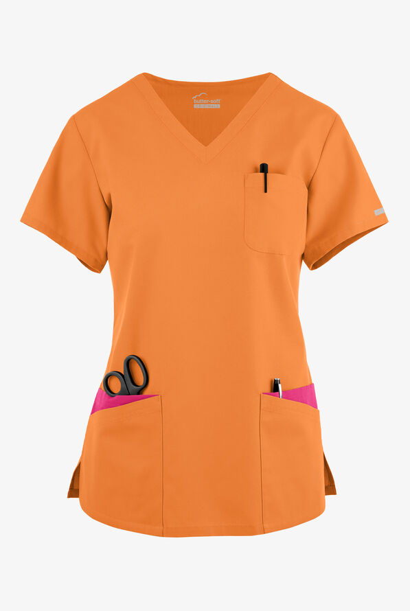 Butter-Soft Originals Women's 7-Pocket Curved V-Neck Scrub Top - Apricot Crush/Fuchsia - 1
