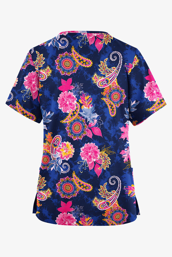 Butter-Soft Originals Turin Paisley Navy Women's 2-Pocket Classic Fit V-Neck Print Scrub Top - null - 2