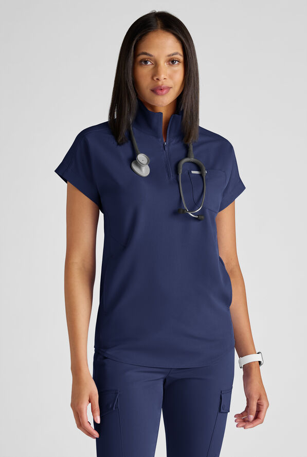 ReSurge Rhine Women's 5-Pocket Oversized Half Zip Stand Collar Scrub Top - Navy - 1