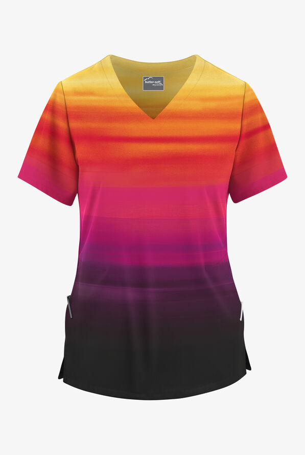 Butter-Soft STRETCH Aurora Lights Women's 2-Pocket V-Neck Print Scrub Top - null - 1