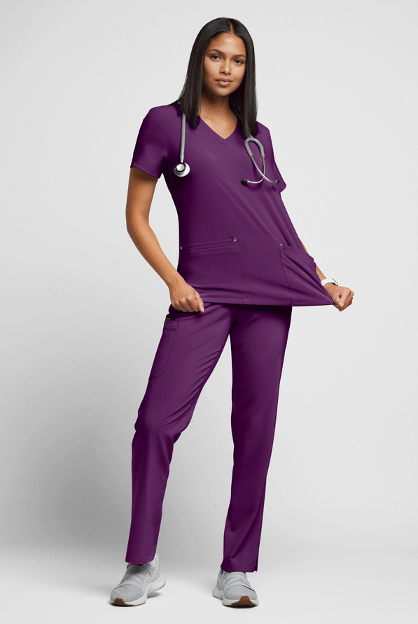Easy STRETCH Lina Mitered Women's 4-Pocket V-Neck Scrub Top - Eggplant - 4