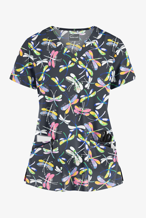 Blusa m&eacute;dica estampada Butter-Soft Dragonfly Garden Pewter con 4 bolsillos y cuello en V redondeado para mujer - null - 1