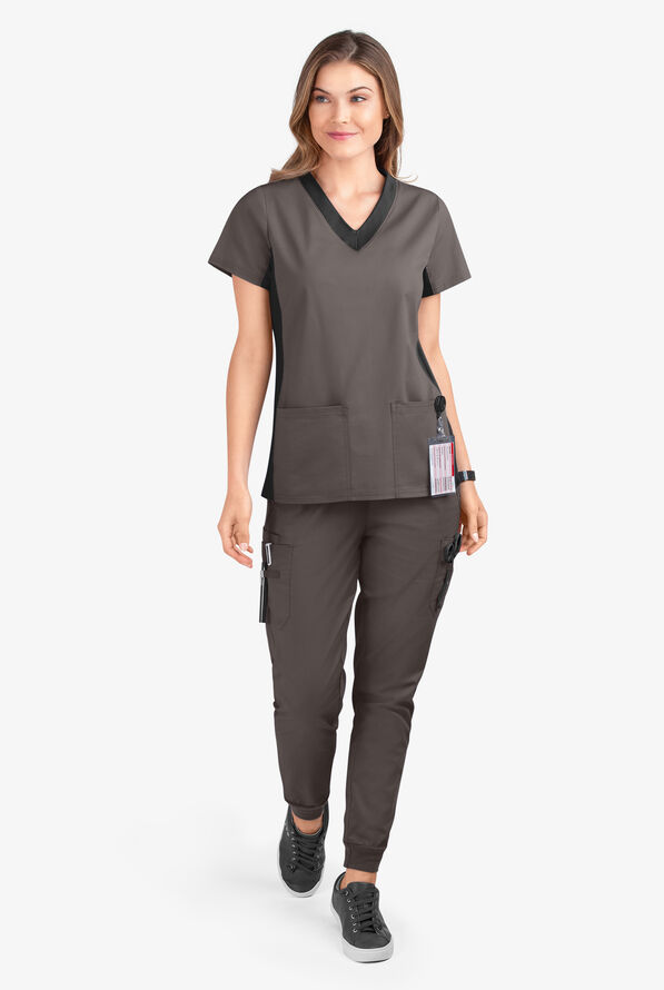 Butter-Soft STRETCH Women's 3-Pocket Contrast Scrub Top - Cool Grey/Black - 2