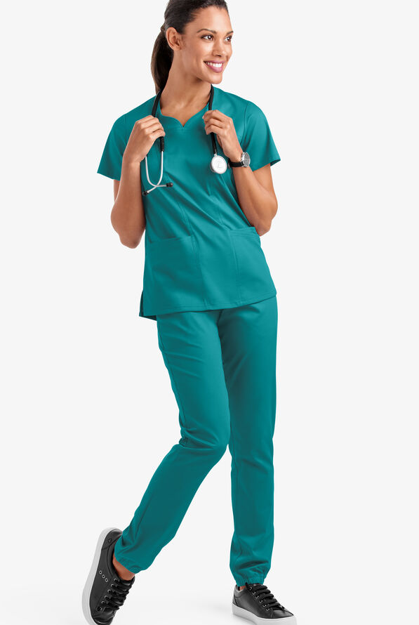 Butter-Soft STRETCH Women's 4-Pocket Sweetheart Neck Scrub Top - Teal - 2