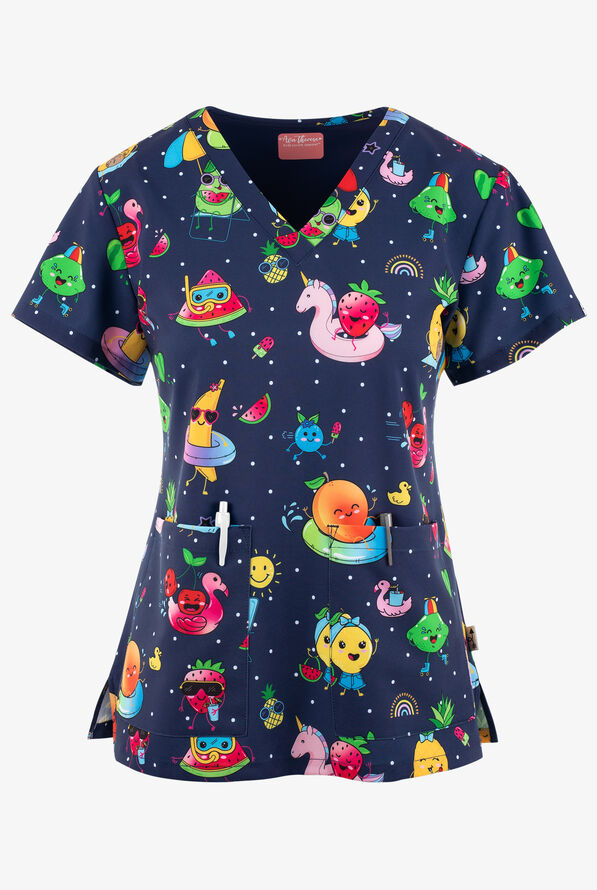 Zavate Ava Therese Fruit-tastic Summer Women's 2-Pocket STRETCH V-Neck Print Scrub Top - null - 1