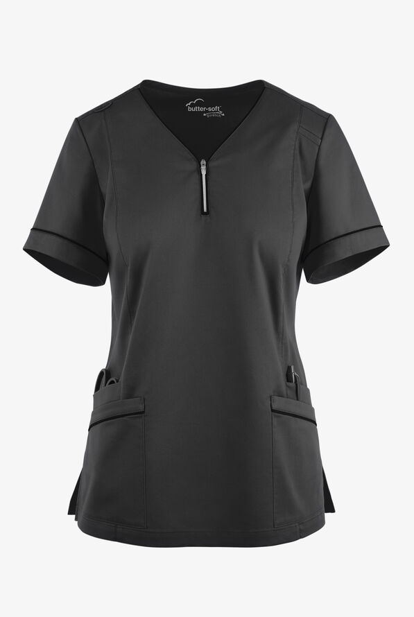 Butter-Soft STRETCH Women's 5-Pocket V-Neck with Front Zipper Scrub Top - Black - 1