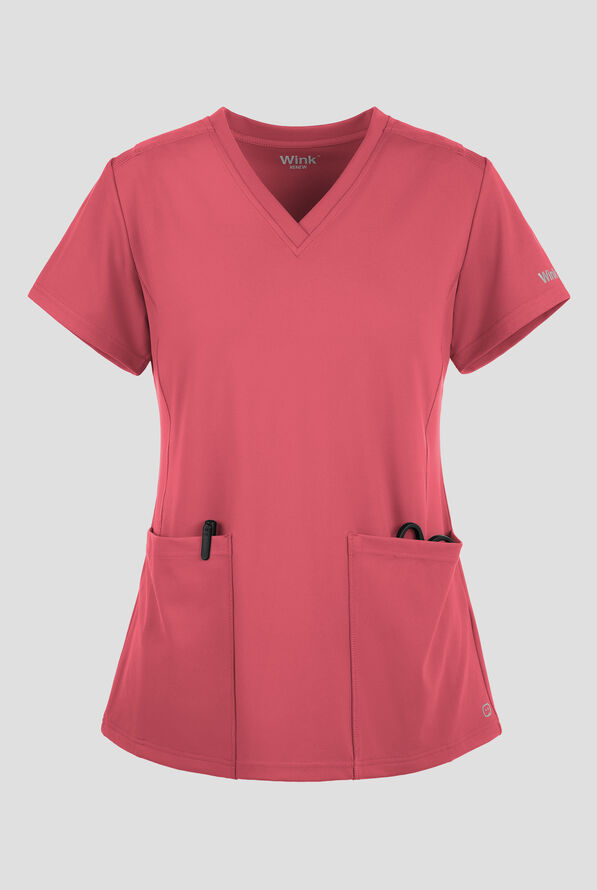 Wink Renew Knit Women's 2-Pocket STRETCH Flex N Reach Panel V-Neck Scrub Top - Ruby - 1