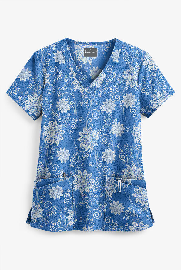 Butter-Soft Winter Breeze Ceil Women's 4-Pocket Rounded V-Neck Print Scrub Top - null - 1