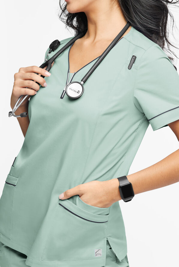 Butter-Soft STRETCH Women's 5-Pocket V-Neck with Front Zipper Scrub Top - Eucalyptus Leaf/Pewter - 3