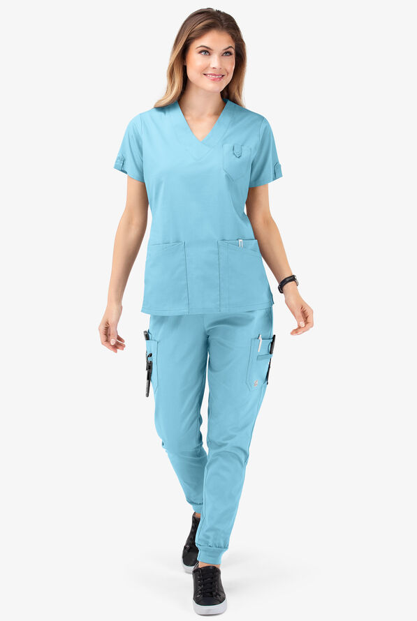 Butter-Soft STRETCH Women's 6-Pocket V-Neck Scrub Top - Poolside View - 2