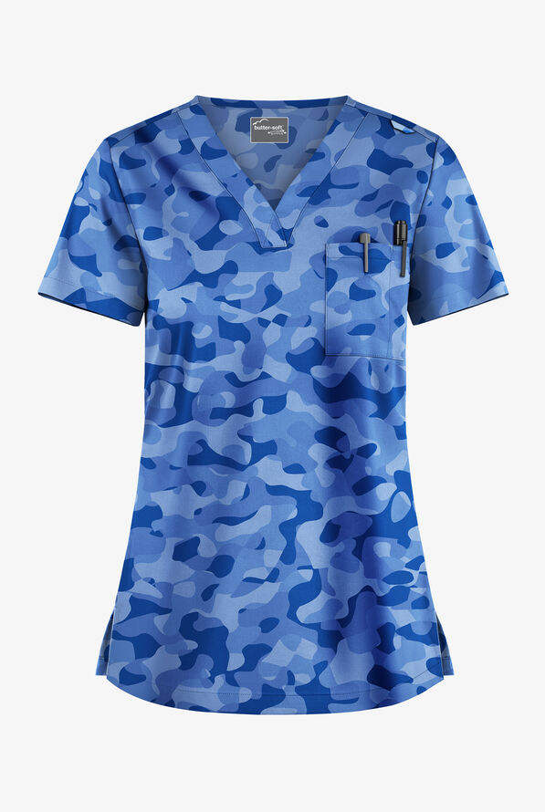 Butter-Soft STRETCH Camo Puzzle Royal Women's 1-Pocket V-Neck Print Scrub Top - null - 1