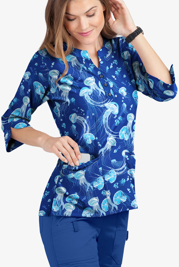 ButterSoft Serene Waters Galaxy Blue 3/4 Sleeve Print Scrub Top, Print