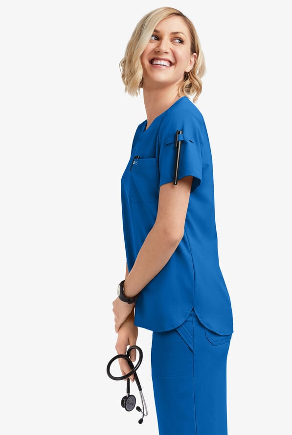 Easy STRETCH Nikki Women's 1-Pocket Scallop Neck Tuck-In Scrub Top - Royal - 2