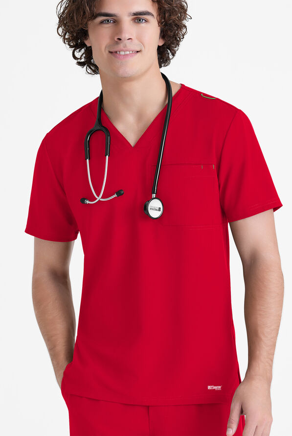 Grey's Anatomy by Barco Evolve STRETCH Journey Men's 1-Pocket Tuck In V-Neck Scrub Top - Red - 2